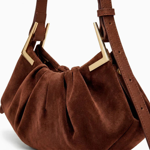 Gathered Pleat Suede Finish Angular Gold Hardware Adjustable Shoulder Hobo Bag