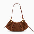 Gathered Pleat Suede Finish Angular Gold Hardware Adjustable Shoulder Hobo Bag