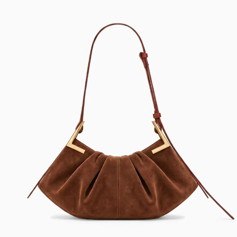 Gathered Pleat Suede Finish Angular Gold Hardware Adjustable Shoulder Hobo Bag