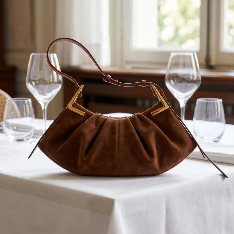 Gathered Pleat Suede Finish Angular Gold Hardware Adjustable Shoulder Hobo Bag