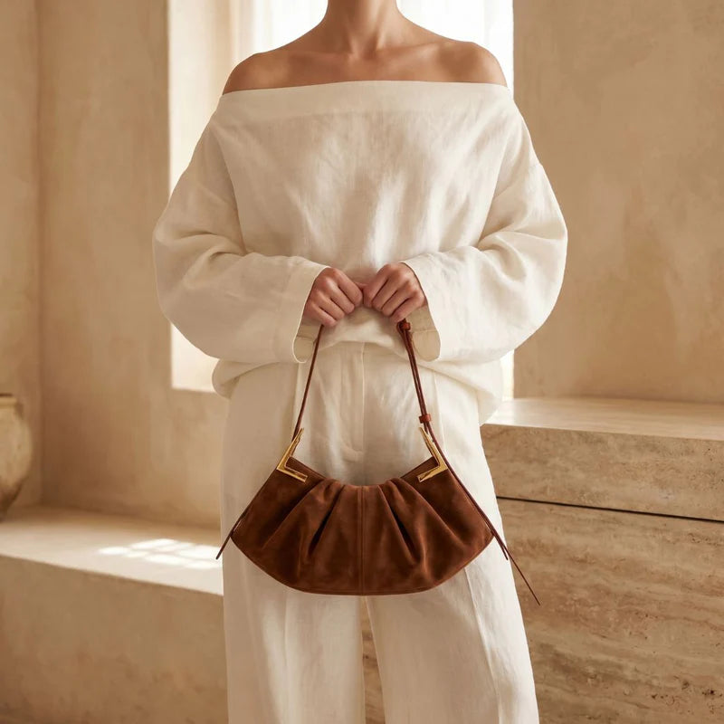Gathered Pleat Suede Finish Angular Gold Hardware Adjustable Shoulder Hobo Bag