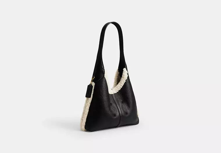 Two-Tone Shearling Trim Magnetic Snap Hobo Shoulder Bag