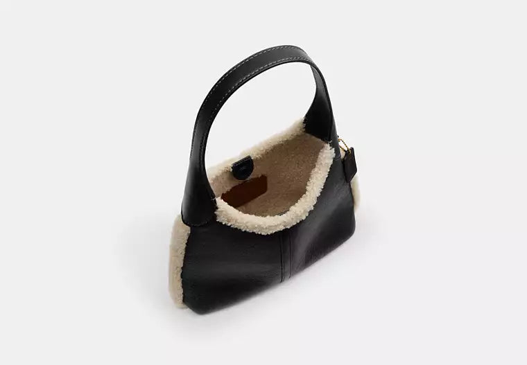 Two-Tone Shearling Trim Magnetic Snap Hobo Shoulder Bag